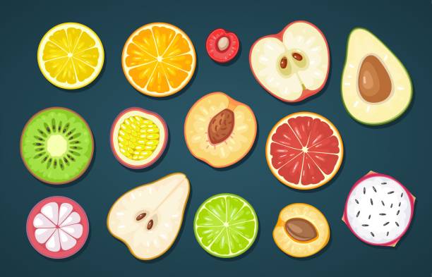 ilustraciones, imágenes clip art, dibujos animados e iconos de stock de set de frutas de la rebanada. figura plana de color vectorial - kiwi vegetable cross section fruit
