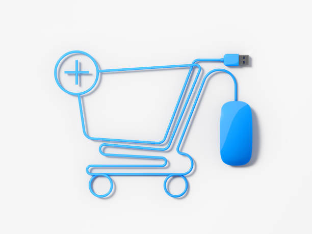 istock Blue Mouse Cable Forming A Shopping Cart With A Plus Symbol On White Background 927614182