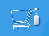 White Mouse Cable Forming A Shopping Cart Symbol On Blue Background