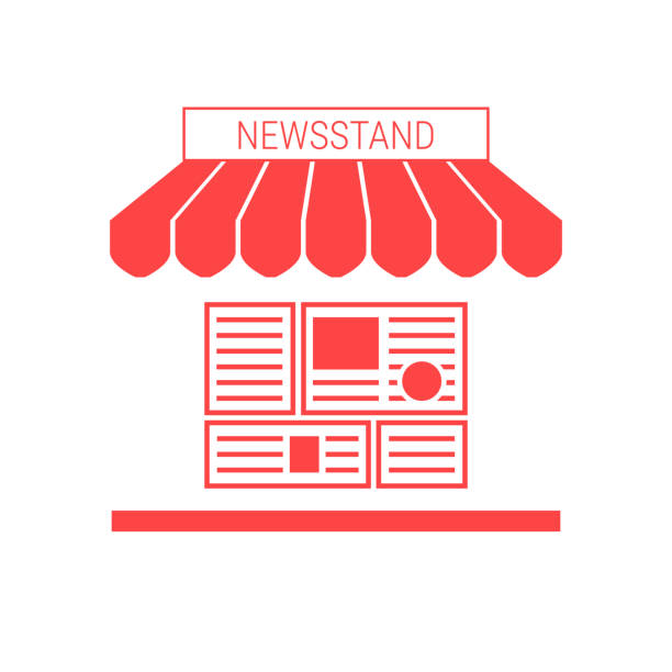 신문, 뉴스 장 단일 평면 벡터 아이콘 줄무늬 차일 및 간판 - news stand stock illustrations
