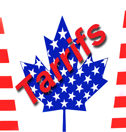 USA and Canada flags combined into one image with Tarrifs over the maple leaf.
