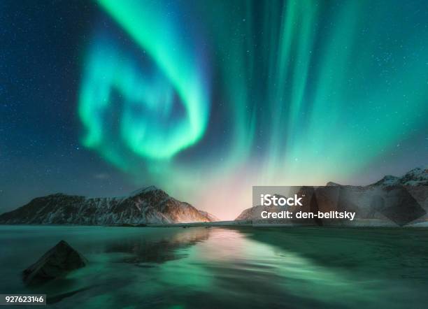 Aurora Borealis In Lofoten Islands Norway Aurora Green Northern Lights Starry Sky With Polar Lights Night Winter Landscape With Aurora Sea With Sky Reflection Stones Beach And Snowy Mountains Stock Photo - Download Image Now