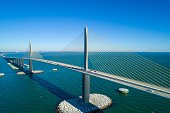 Aerial image of a steel cable suspension bridge Tampa Bay Florida