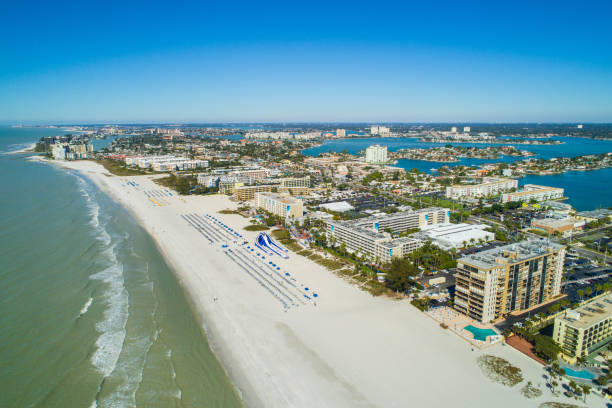 Aerial drone image of hotels and resorts on St Pete Petersburg Beach Florida USA Aerial drone image of hotels and resorts on St Pete Petersburg Beach Florida USA inlet photos stock pictures, royalty-free photos & images