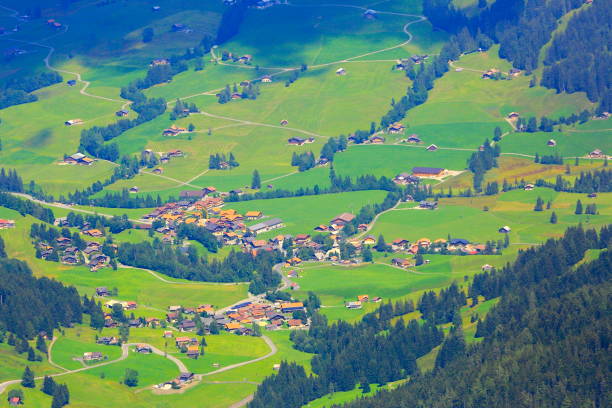 alpy dolina i wioska saanen - piękne łąki, alpy szwajcarskie, szwajcaria - swiss culture european alps gstaad village zdjęcia i obrazy z banku zdjęć