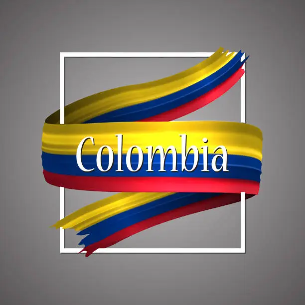 Vector illustration of Columbia flag. Official national colors. Colombia 3d realistic flag ribbon. Waving vector patriotic glory flag stripe sign. Vector illustration background. Icon design frame for banner, poster.