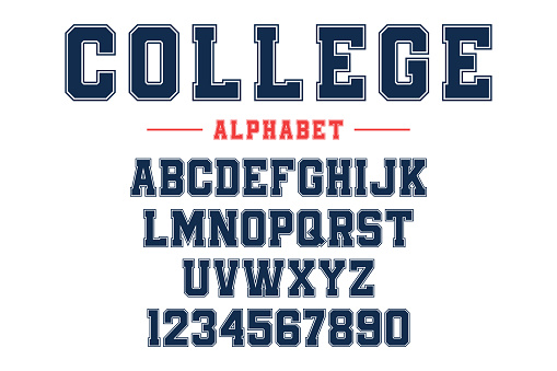 Classic college font. Vintage sport font in american style for football, baseball or basketball t-shirts. Athletic department typeface, varsity style font. Vector