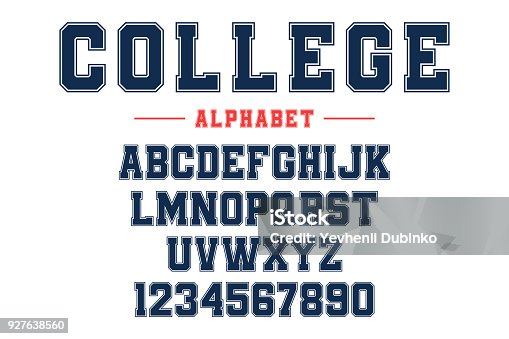 istock Classic college font. Vintage sport font in american style for football, baseball or basketball t-shirts. Athletic department typeface, varsity style font 927638560