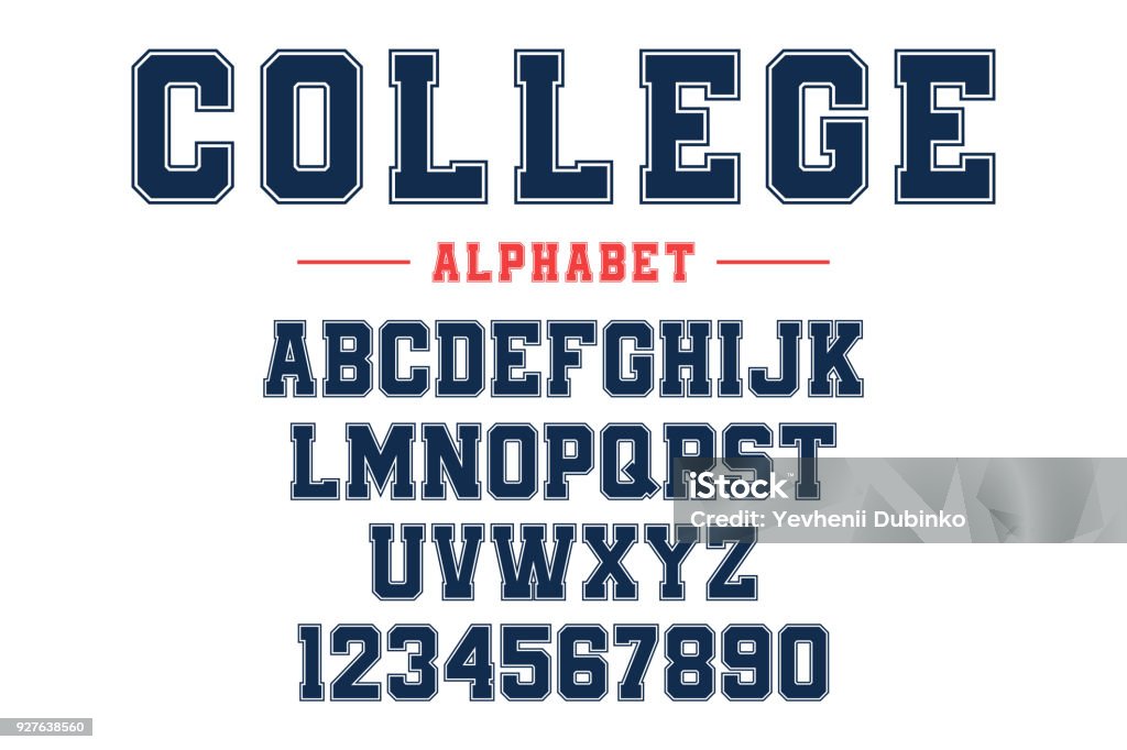 Classic college font. Vintage sport font in american style for football, baseball or basketball t-shirts. Athletic department typeface, varsity style font Classic college font. Vintage sport font in american style for football, baseball or basketball t-shirts. Athletic department typeface, varsity style font. Vector Typescript stock vector