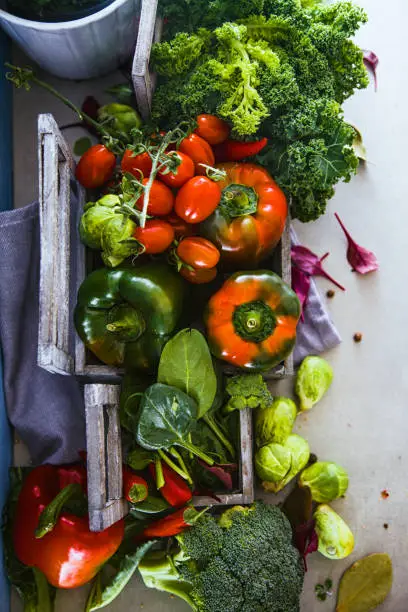 Fresh vegetables flatlay overhead frame. Food layout. Vegetables variety