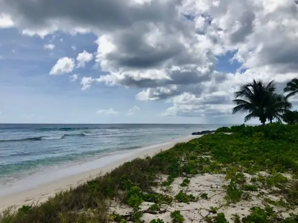 Photo of Idyllic and beautiful beach in Barbados (Caribbean island): Nobody, white sand, turquoise water, waves and white clouds