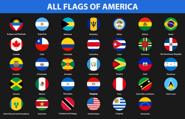 illustrazioni stock, clip art, cartoni animati e icone di tendenza di bandiere di tutti i paesi dei continenti americani. stile piatto - barbados flag illustrations