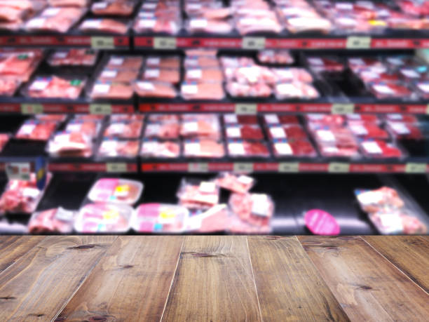 table top over blur background of supermarket