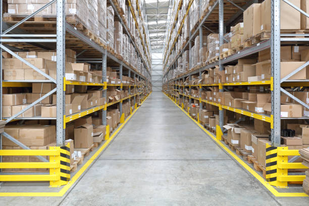 Fulfillment Warehouse Long Aisle With Shelves in Fulfillment Warehouse satisfaction stock pictures, royalty-free photos & images