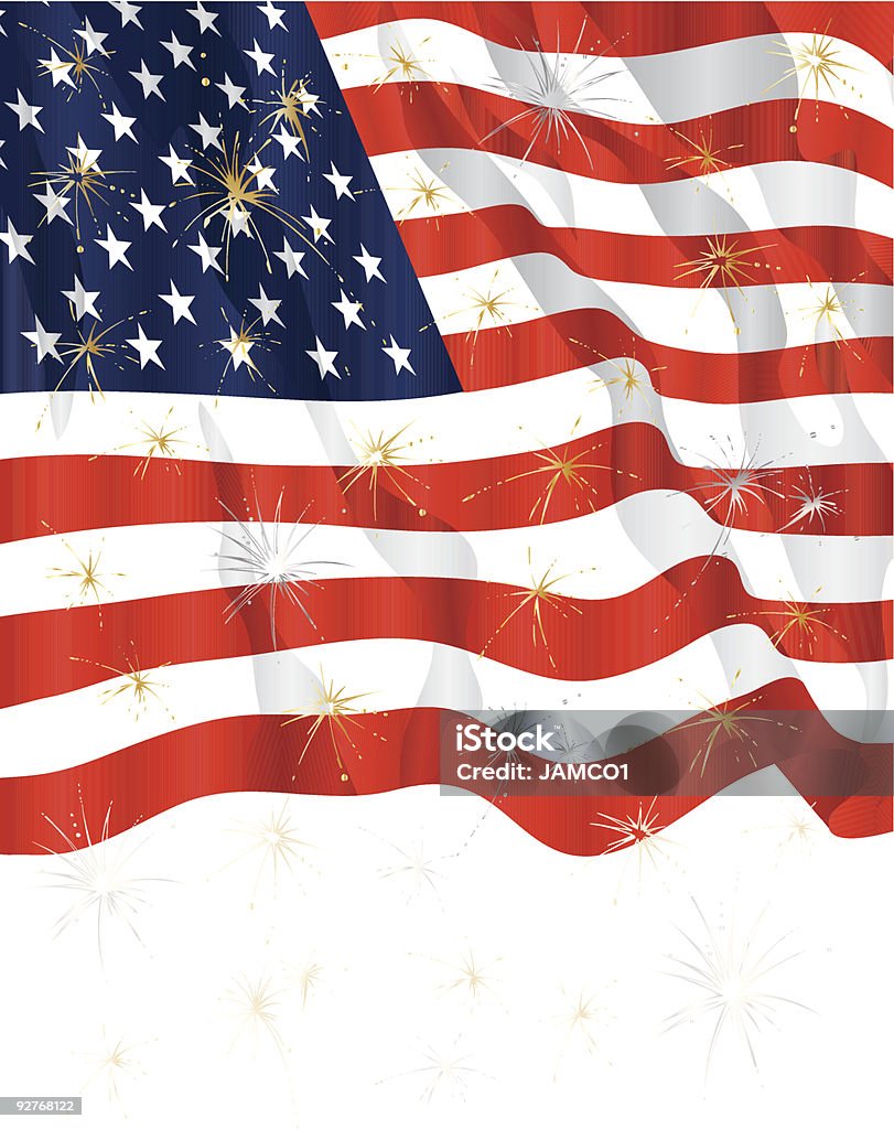 Amerykańskie flagi i Pokaz sztucznych ogni - Grafika wektorowa royalty-free (4-go lipca)