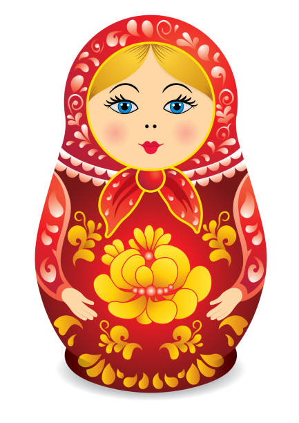 zeichnung einer matroschka in roter und gelber farbe. matroschka-puppe auch bekannt als eine russische verschachtelung puppe, stacking puppen oder russische puppe - russian nesting doll doll russia decoration stock-grafiken, -clipart, -cartoons und -symbole