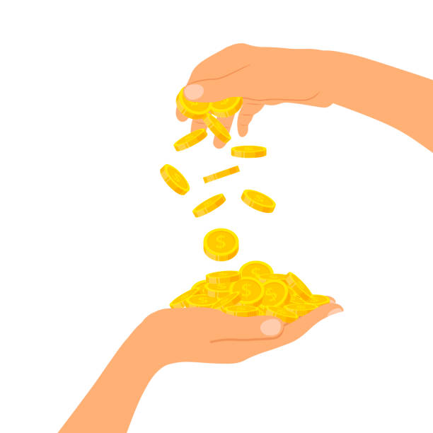 istock Hand holding a pile of coins and a hand throwing down coins, icon flat finance heap, fall dollar coin pile. Golden money lying on the palm of hand isolated on white background - vector illustration 927690880