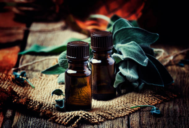 istock Essential sage oil in brown bottle 927705640