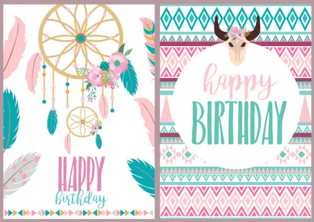 Vector illustration of Happy Birthday card with boho elements. Vector illustration