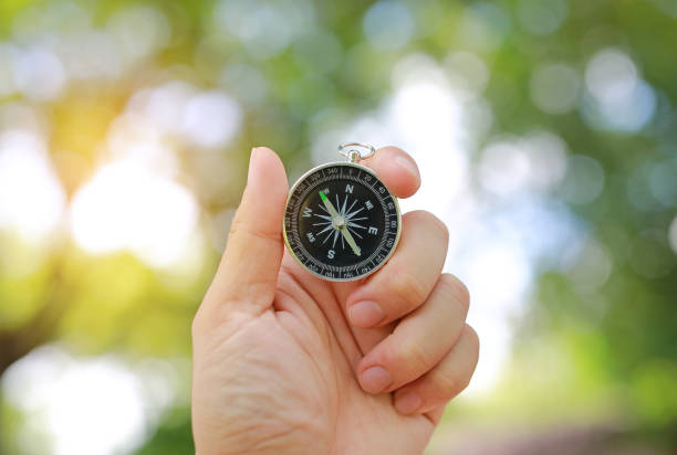 istock Hand holding a compass against nature background. 927711888