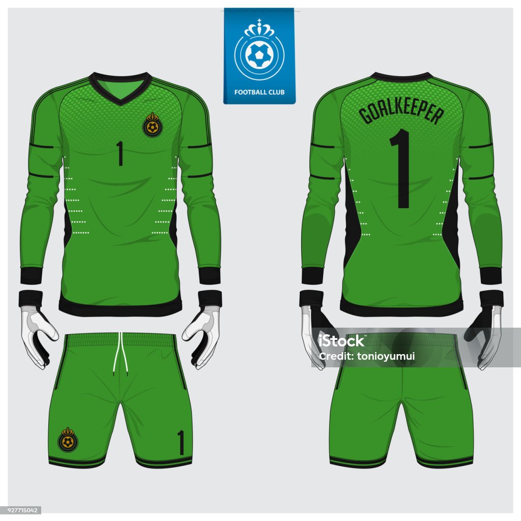 Goalkeeper jersey or soccer kit, long sleeve jersey, goalkeeper glove template design. Goalie stock vector