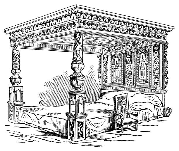 wiktoriański grawerowanie ozdobnego antycznego łóżka z plakatem 4 - four poster bed stock illustrations