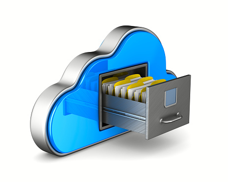 Cloud and filing cabinet on white background. Isolated 3D illustration