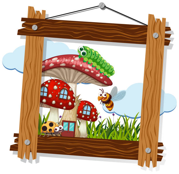Wooden frame with bugs on mushroom house Wooden frame with bugs on mushroom house illustration ladybug frame border clip art stock illustrations
