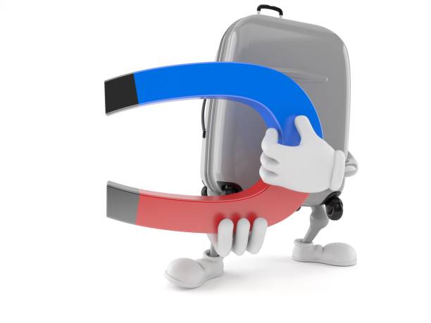 Suitcase character holding horseshoe magnet