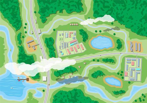 Suburban map with houses with car, boats, trees, road, river, forest, lake and clouds. Village aerial view. Vector illustration in flat style
