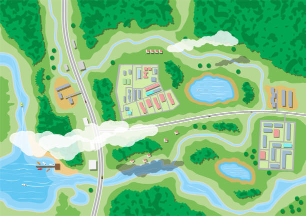 Suburban nature map Suburban map with houses with car, boats, trees, road, river, forest, lake and clouds. Village aerial view. Vector illustration in flat style tree plan view stock illustrations