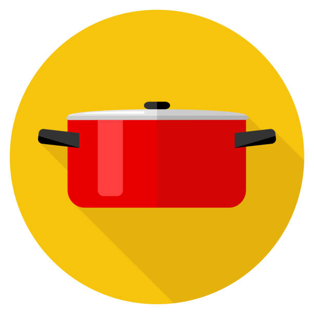 ilustrações de stock, clip art, desenhos animados e ícones de casserole, red saucepan on orange background with shadow. - saucepan fire steam soup