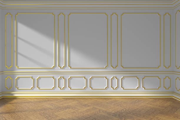 istock White empty room wall with gold molding and parquet 927737562