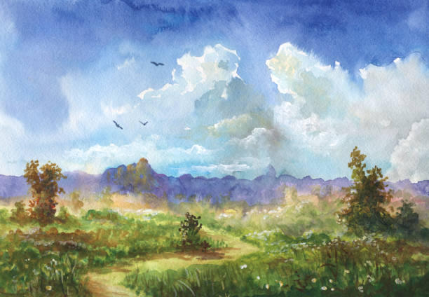 ilustrações, clipart, desenhos animados e ícones de prado de verão, aguarelas - paintings tree landscape field