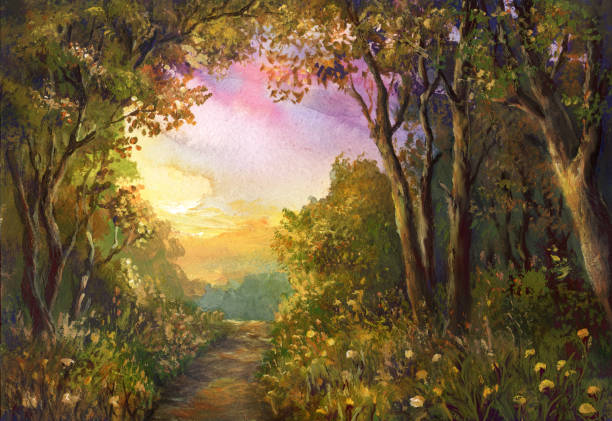 сказочный акварель пейзаж - paintings watercolor painting landscape autumn stock illustrations