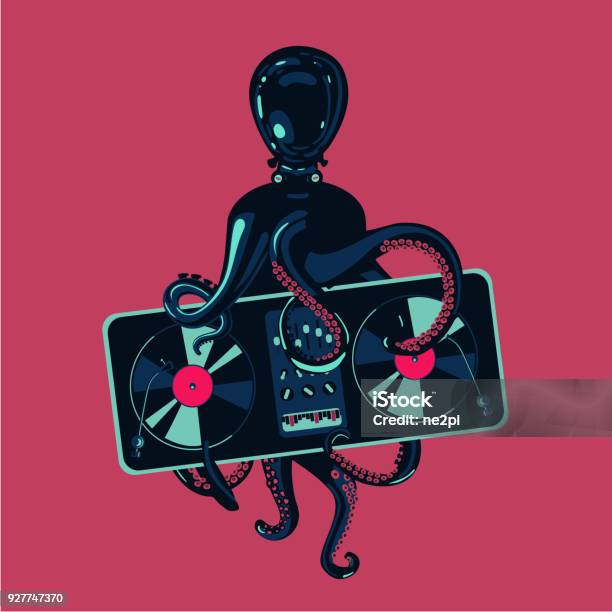 Octopus Tentacles With Vinyl Record Turntable Hiphop Party Poster Template Electronic Music Festival Stock Illustration - Download Image Now