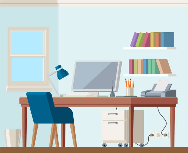 home ofis bilgisayar yerleşik kitap raf sandalye çalışma - home office stock illustrations