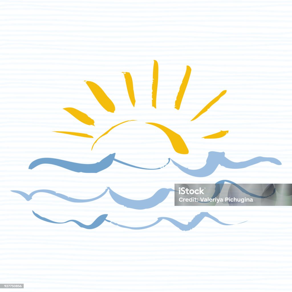 Sun and sea  icon. Handmade grunge icon isolated on white background. Sunrise over the sea. Editable vector illustration Travel  template sun with sea waves Beach stock vector
