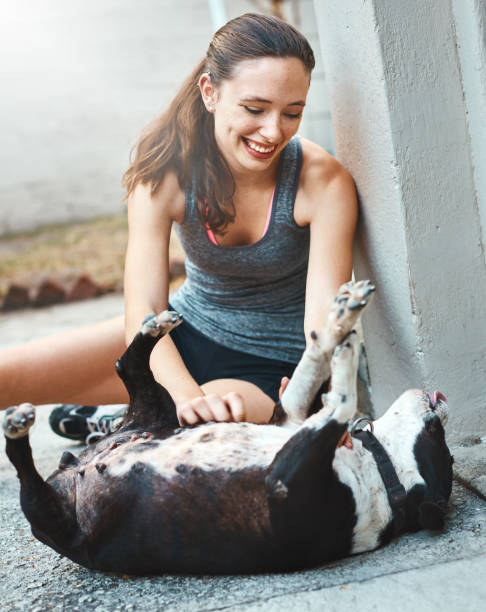 Beautiful girl smiles as she plays with her pet dog A lovely young woman smiles brightly as she sits outside playing affectionately with her pet Staffordshire bull terrier. women with dimples stock pictures, royalty-free photos & images