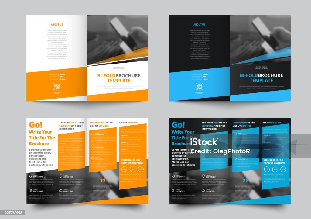 Vector bifold brochure for business and advertising Vector bifold brochure for business and advertising. The template is black and white with blue and yellow dice for information. Design for printing and advertising. Brochure stock vector