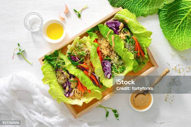 Vegan Detox Spring Rolls With Quinoa Sprouts And Thai Peanut Sauce Stock Photo - Download Image Now