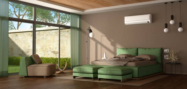 Brown and green modern master bedroom Brown and green modern master bedroom with bed, armchair and air conditioner - 3d rendering
 owners bedroom photos stock pictures, royalty-free photos & images