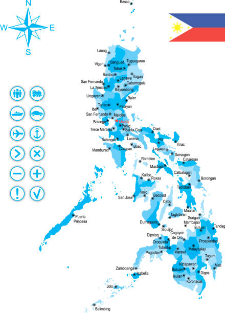karte der philippinen mit fahne, symbole und schlüssel - philippines map manila philippines flag stock-grafiken, -clipart, -cartoons und -symbole