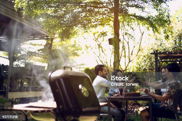 Afternoon Party Barbecue And Roast Pork Stock Photo - Download Image Now - Barbecue - Social Gathering, Barbecue Grill, Friendship