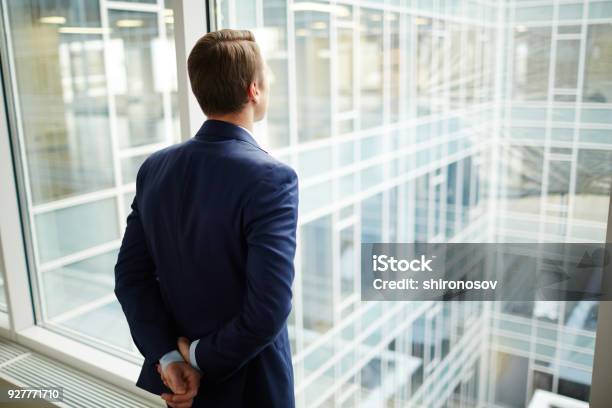 Man By Window Stock Photo - Download Image Now - Businessman, Business Person, Rear View