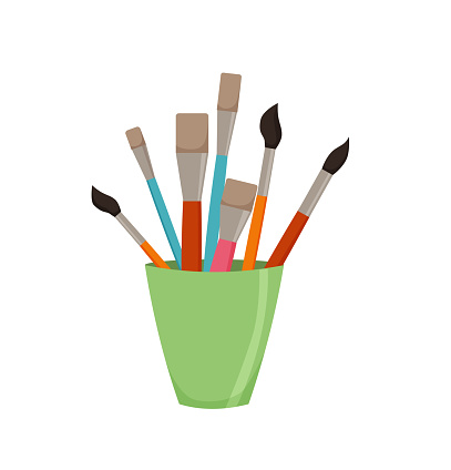 Pencils, brushes, in jar colorful vector illustration. Cartoon style design element for artist workplaceeinterior, school class, desk top