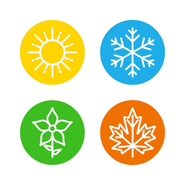 Seasons Set Colorful Icons The seasons - summer, winter, spring and autumn - Weather forecast sign. season stock illustrations