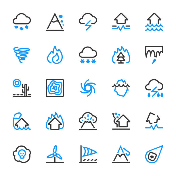 illustrazioni stock, clip art, cartoni animati e icone di tendenza di 25 schema icone delle catastrofi naturali - natural disaster weather symbol volcano