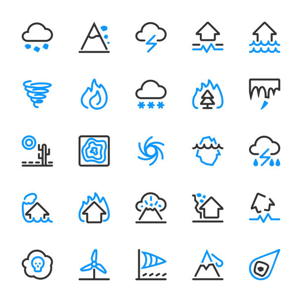 자연 재해의 25 개요 아이콘 - disaster natural disaster earthquake fire stock illustrations
