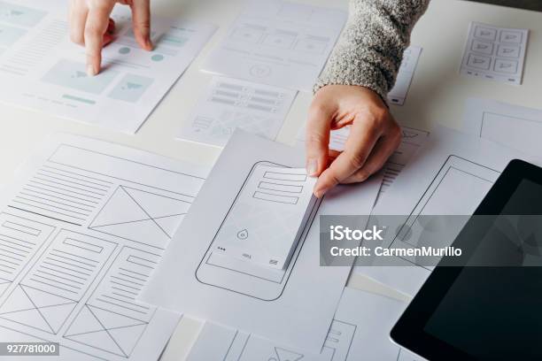 Web Designer Creating Mobile Responsive Website Stock Photo - Download Image Now - Website Wireframe, Web Page, Design